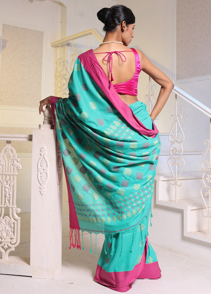 Sea Green Pure Cotton Saree With Blouse Piece - Indian Silk House Agencies