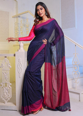 Navy Blue Pure Cotton Saree With Blouse Piece - Indian Silk House Agencies