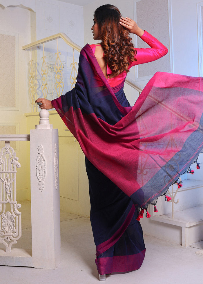 Navy Blue Pure Cotton Saree With Blouse Piece - Indian Silk House Agencies