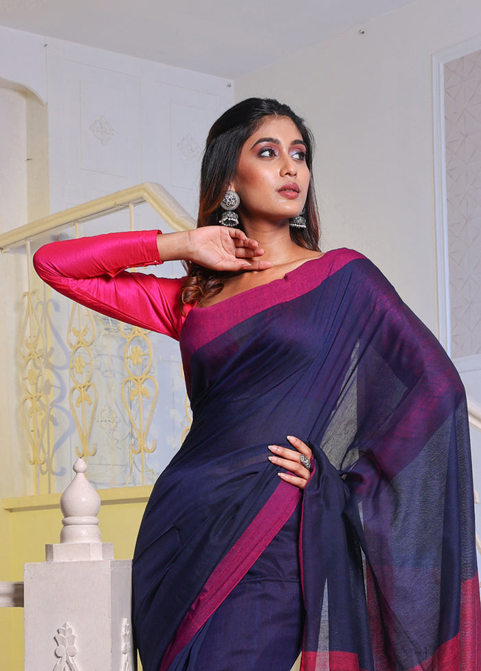 Navy Blue Pure Cotton Saree With Blouse Piece - Indian Silk House Agencies