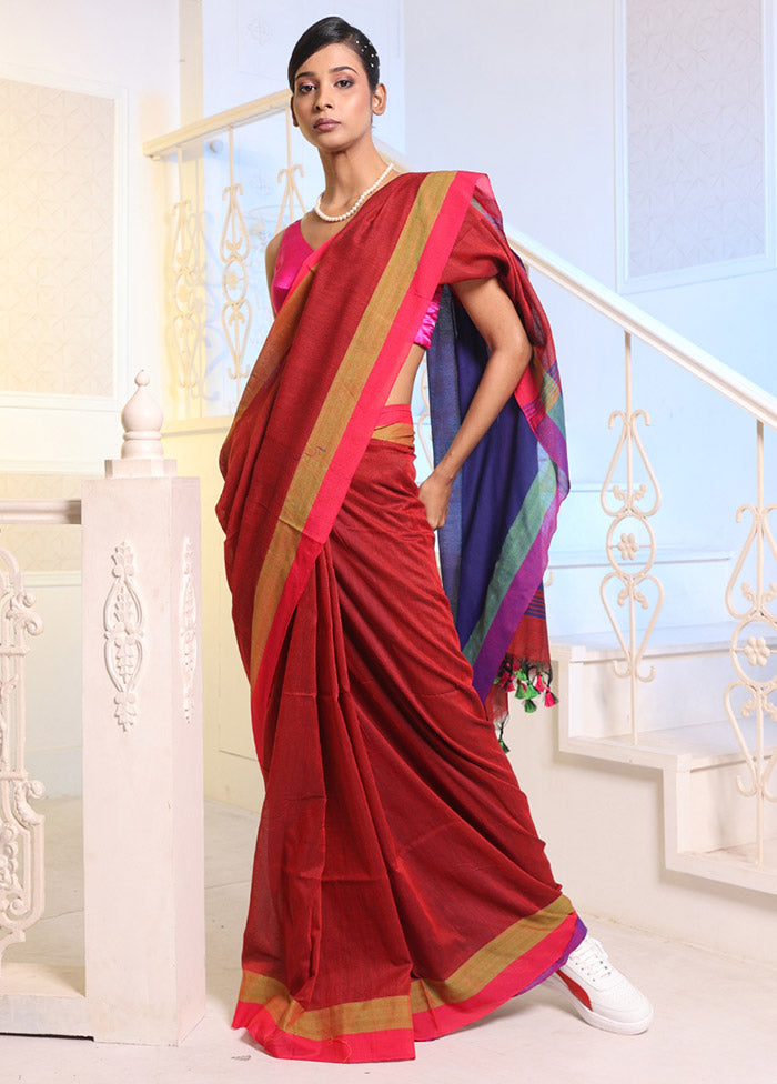 Red Pure Cotton Saree With Blouse Piece - Indian Silk House Agencies