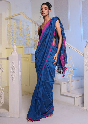 Blue Pure Cotton Saree With Blouse Piece - Indian Silk House Agencies