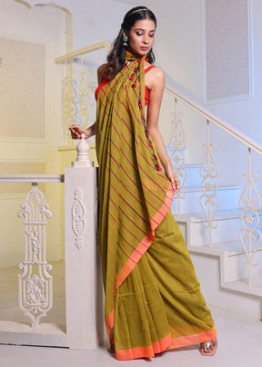 Lime Green Pure Cotton Saree With Blouse Piece - Indian Silk House Agencies