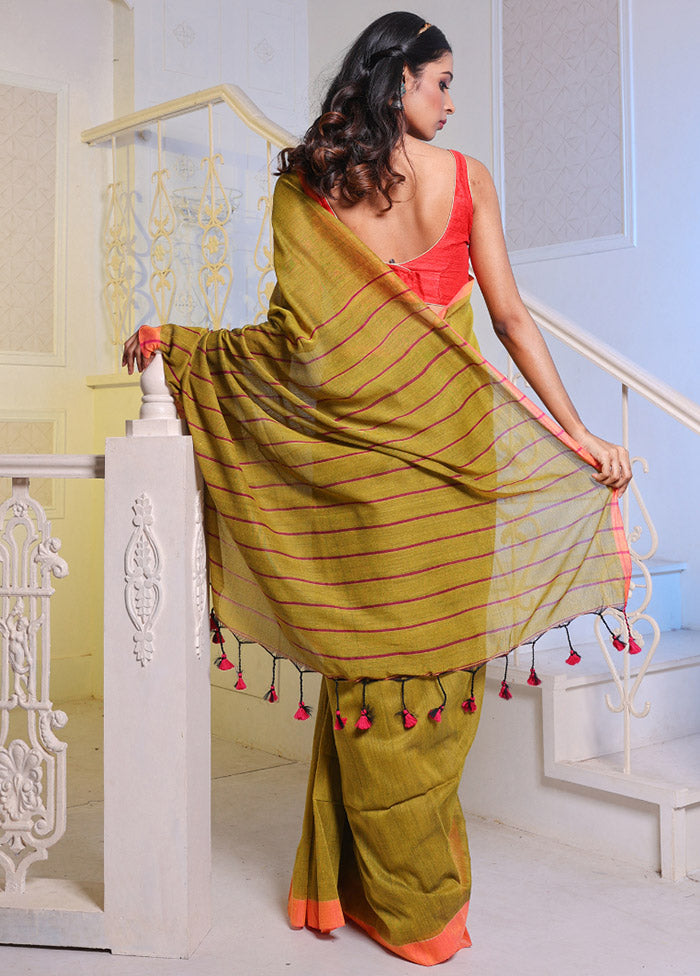 Lime Green Pure Cotton Saree With Blouse Piece - Indian Silk House Agencies