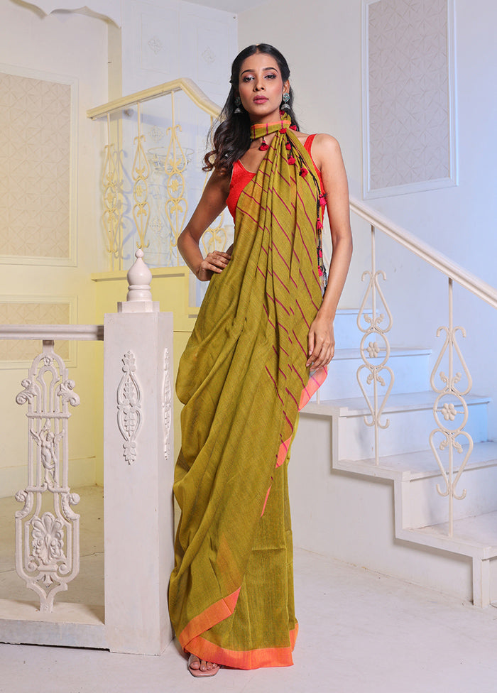 Lime Green Pure Cotton Saree With Blouse Piece - Indian Silk House Agencies