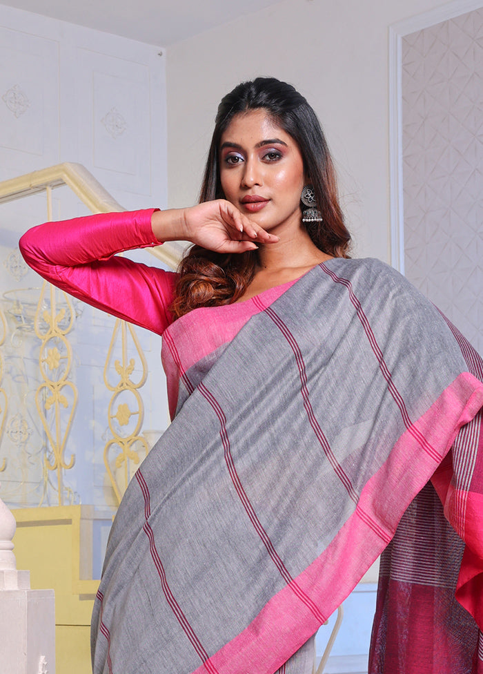 Grey Pure Cotton Saree With Blouse Piece - Indian Silk House Agencies