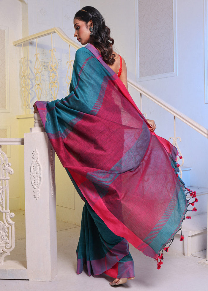 Teal Pure Cotton Saree With Blouse Piece - Indian Silk House Agencies