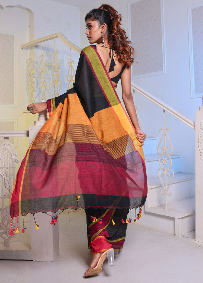 Black Pure Cotton Saree With Blouse Piece - Indian Silk House Agencies