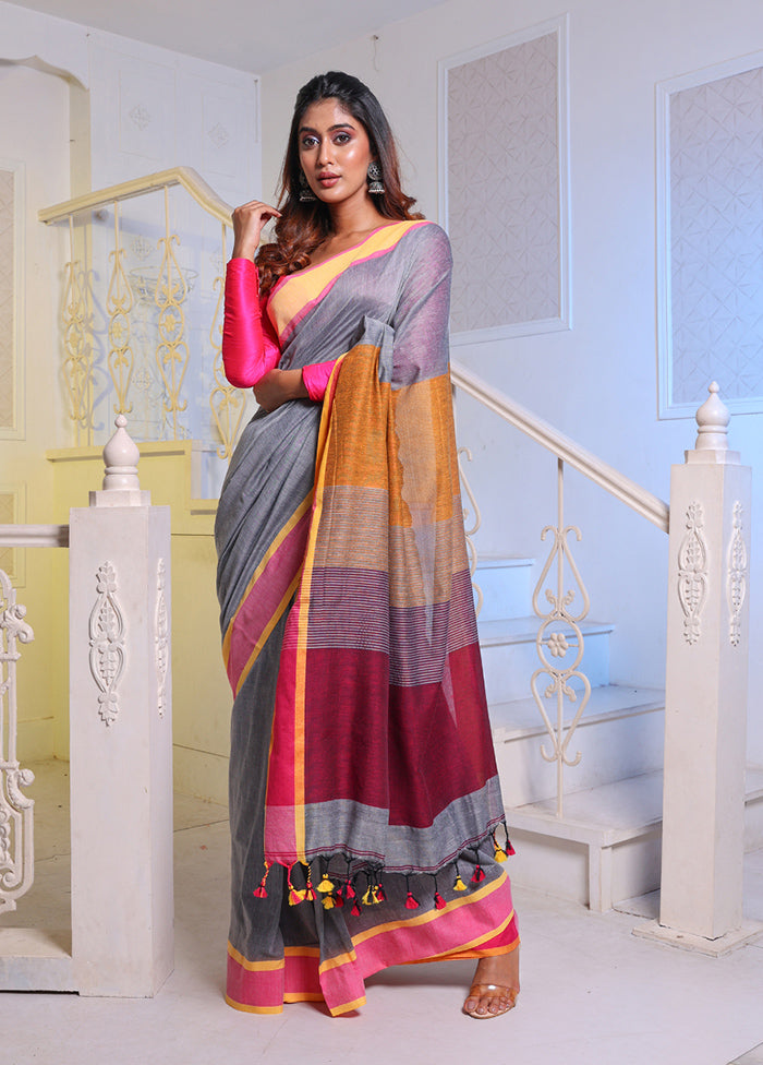 Grey Pure Cotton Saree With Blouse Piece - Indian Silk House Agencies