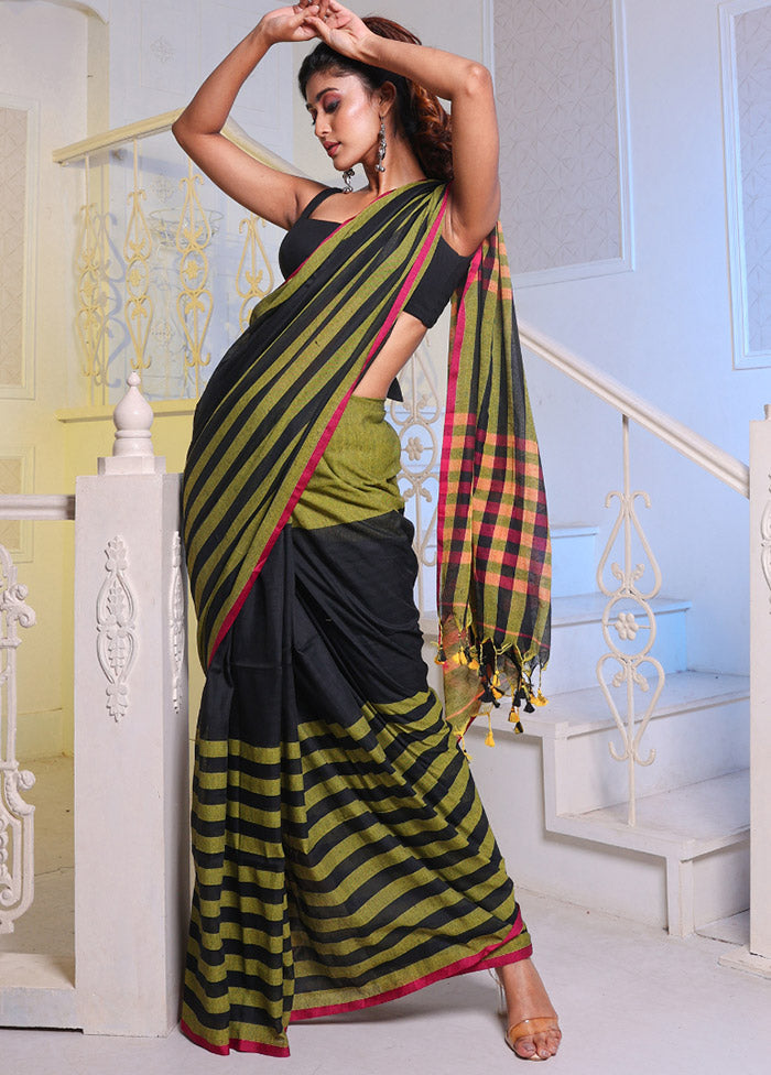 Black Pure Cotton Saree With Blouse Piece - Indian Silk House Agencies