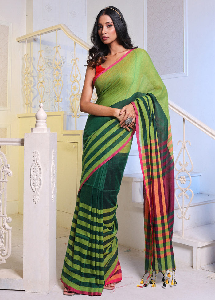 Dark Green Pure Cotton Saree With Blouse Piece - Indian Silk House Agencies