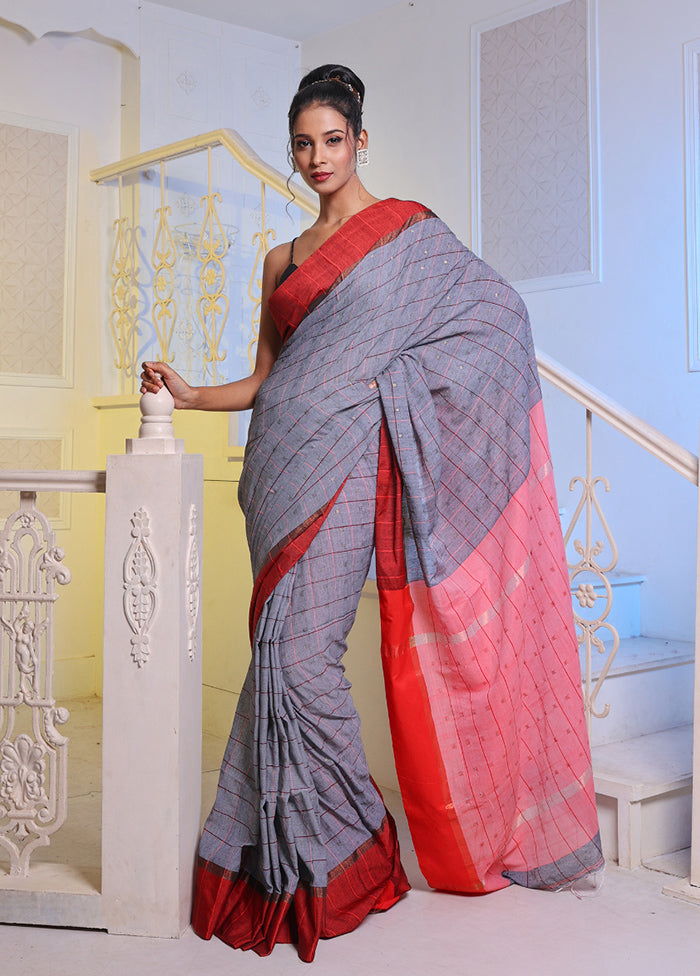 Grey Pure Cotton Saree With Blouse Piece - Indian Silk House Agencies