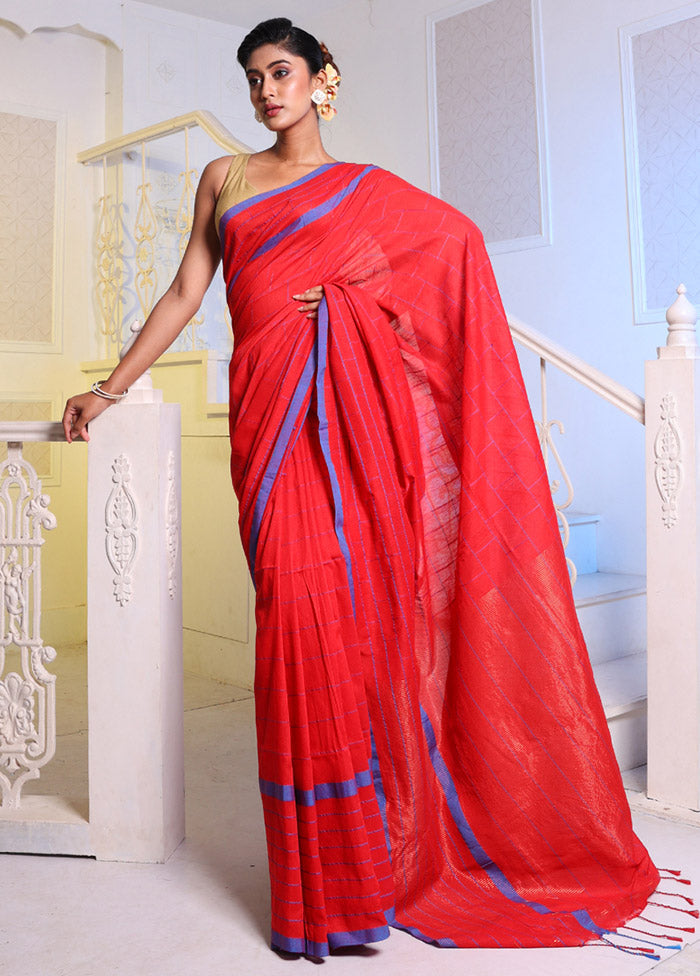 Red Pure Cotton Saree With Blouse Piece - Indian Silk House Agencies