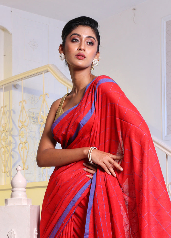 Red Pure Cotton Saree With Blouse Piece - Indian Silk House Agencies