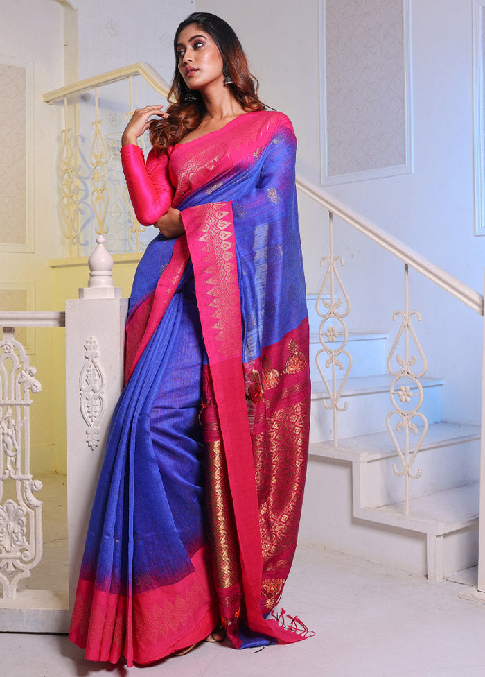 Blue Pure Spun Silk Saree With Blouse Piece - Indian Silk House Agencies