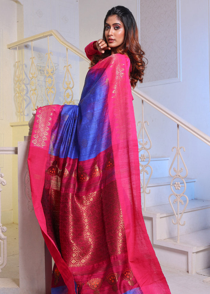 Blue Pure Spun Silk Saree With Blouse Piece - Indian Silk House Agencies