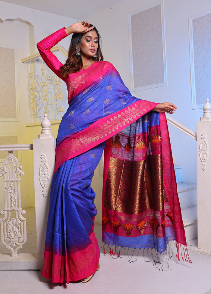 Blue Pure Spun Silk Saree With Blouse Piece - Indian Silk House Agencies