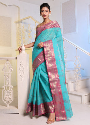 Turquoise Blue Pure Cotton Saree With Blouse Piece - Indian Silk House Agencies