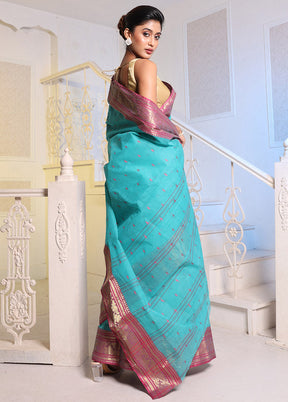 Turquoise Blue Pure Cotton Saree With Blouse Piece - Indian Silk House Agencies