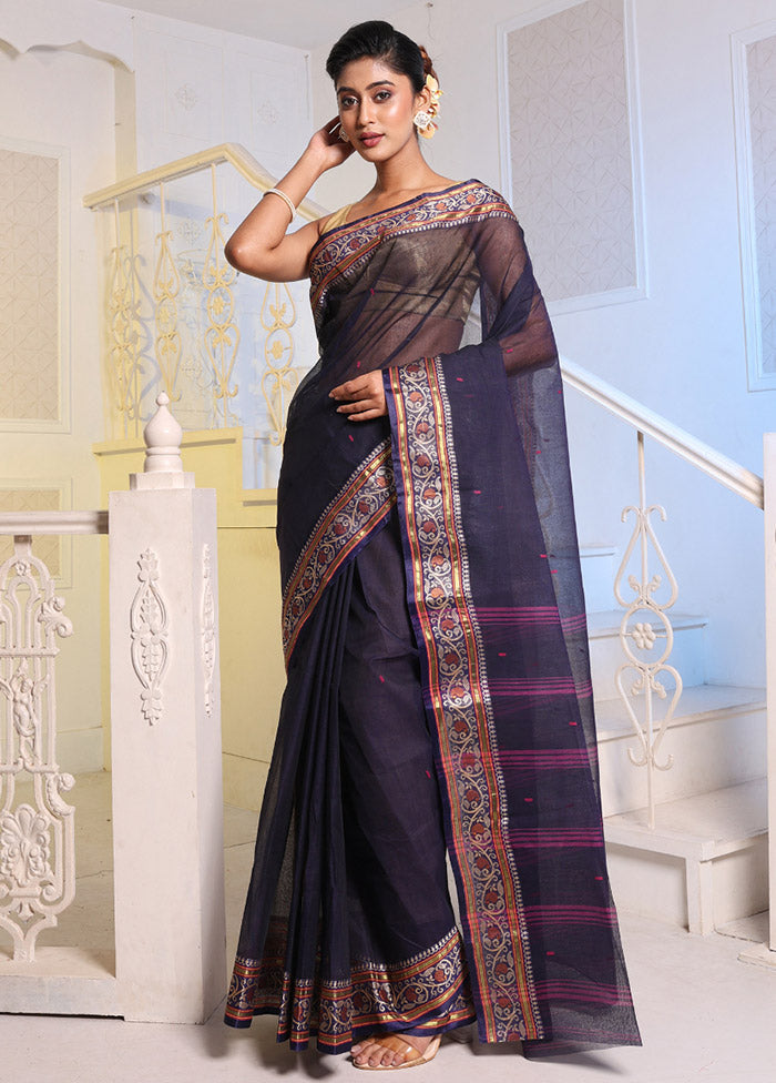 Navy Blue Pure Cotton Saree With Blouse Piece - Indian Silk House Agencies