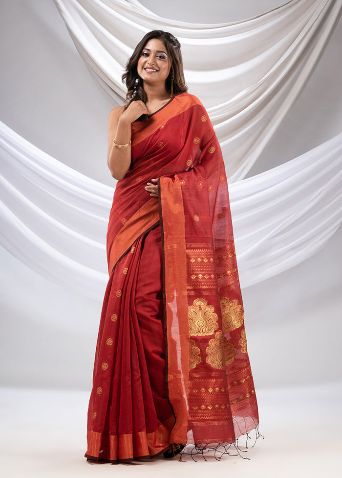 Brick Red Pure Cotton Saree With Blouse Piece - Indian Silk House Agencies