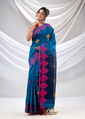 Blue Cotton Saree With Blouse Piece - Indian Silk House Agencies