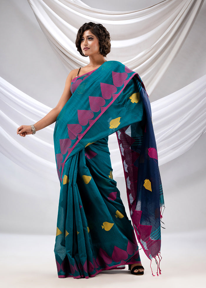 Teal Green Cotton Saree With Blouse Piece - Indian Silk House Agencies