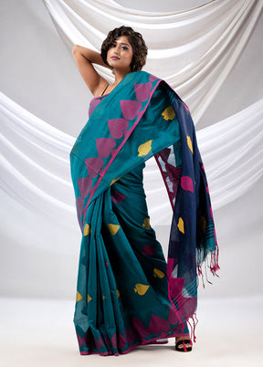 Teal Green Cotton Saree With Blouse Piece - Indian Silk House Agencies