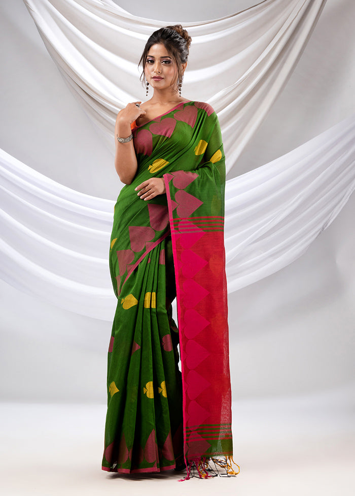 Green Cotton Saree With Blouse Piece - Indian Silk House Agencies