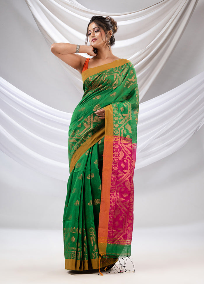 Green Cotton Saree With Blouse Piece - Indian Silk House Agencies