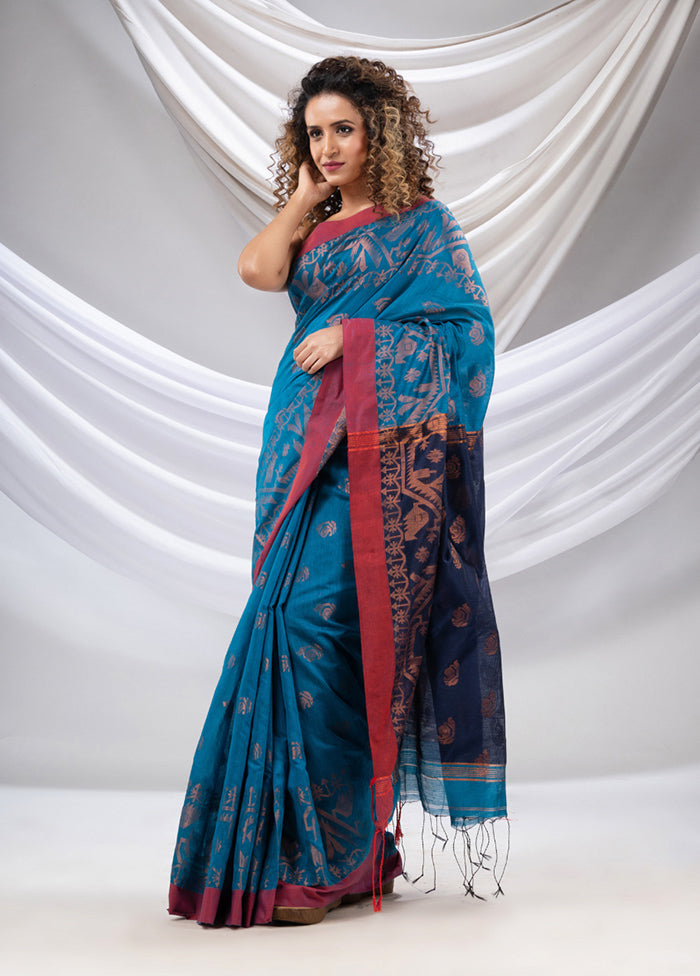 Teal Blue Cotton Saree With Blouse Piece - Indian Silk House Agencies