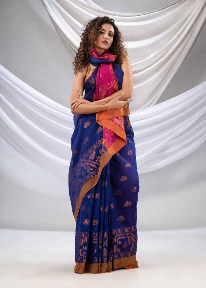 Royal Blue Cotton Saree With Blouse Piece - Indian Silk House Agencies