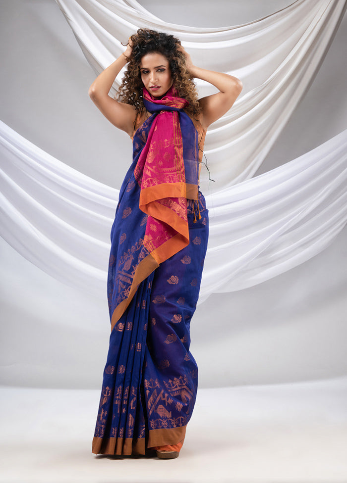 Royal Blue Cotton Saree With Blouse Piece - Indian Silk House Agencies