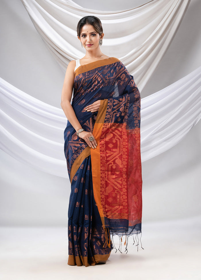 Navy Blue Cotton Saree With Blouse Piece - Indian Silk House Agencies