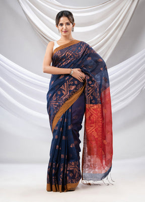 Navy Blue Cotton Saree With Blouse Piece - Indian Silk House Agencies