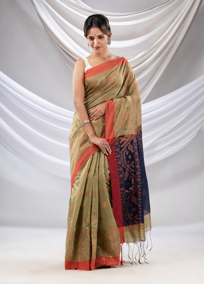 Green Cotton Saree With Blouse Piece - Indian Silk House Agencies