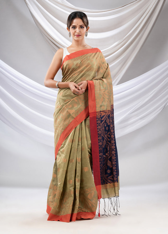 Green Cotton Saree With Blouse Piece - Indian Silk House Agencies