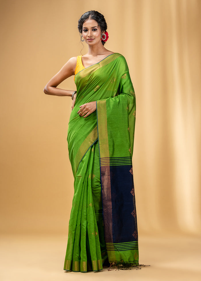 Parrot Green Cotton Saree With Blouse Piece - Indian Silk House Agencies