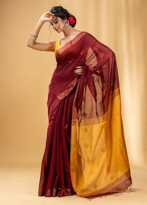 Maroon Cotton Saree With Blouse Piece - Indian Silk House Agencies