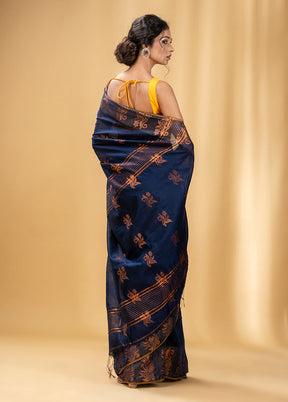 Navy Blue Cotton Saree With Blouse Piece - Indian Silk House Agencies