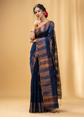 Navy Blue Cotton Saree With Blouse Piece - Indian Silk House Agencies