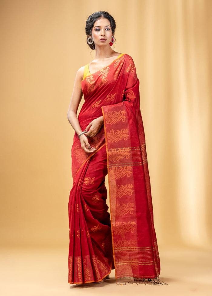 Red Cotton Saree With Blouse Piece - Indian Silk House Agencies