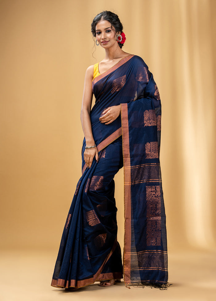 Navy Blue Cotton Saree With Blouse Piece - Indian Silk House Agencies