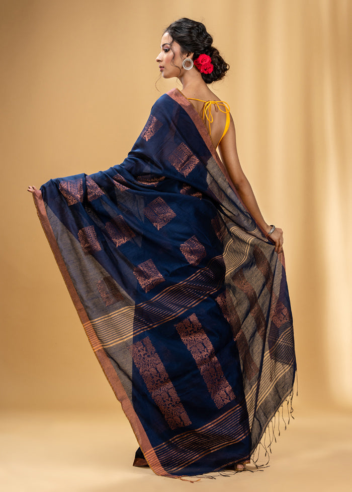 Navy Blue Cotton Saree With Blouse Piece - Indian Silk House Agencies