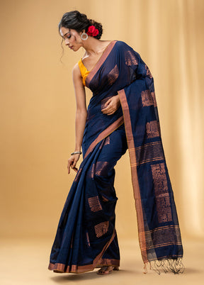 Navy Blue Cotton Saree With Blouse Piece - Indian Silk House Agencies