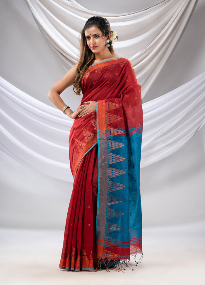 Red Cotton Saree With Blouse Piece - Indian Silk House Agencies