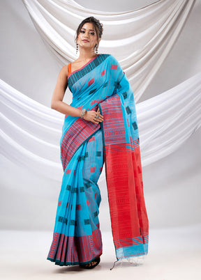 Sky Blue Pure Cotton Saree With Blouse Piece - Indian Silk House Agencies