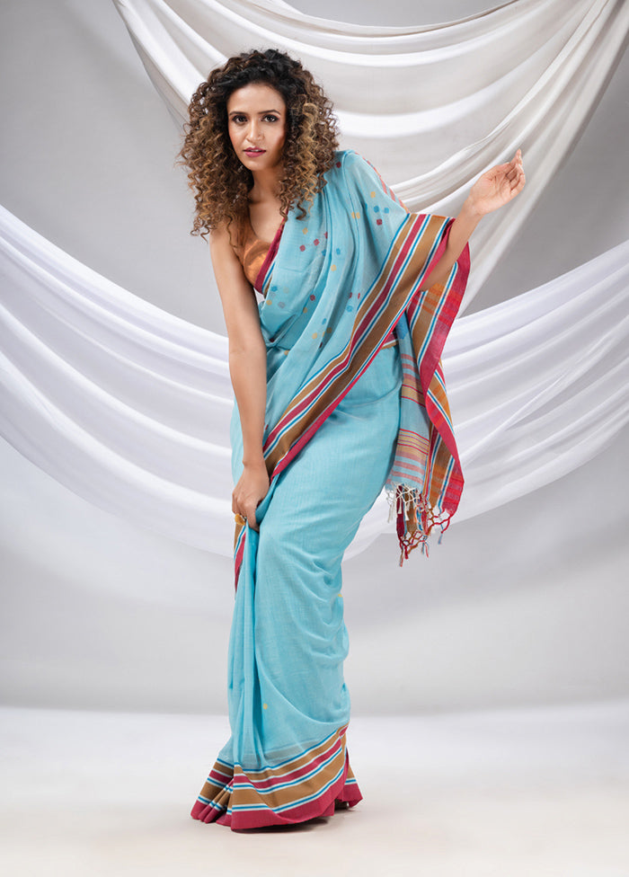 Sky Blue Pure Cotton Saree With Blouse Piece - Indian Silk House Agencies