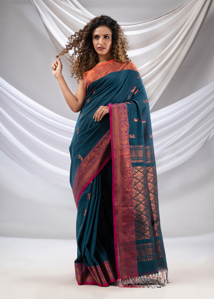 Blue Pure Cotton Saree With Blouse Piece - Indian Silk House Agencies