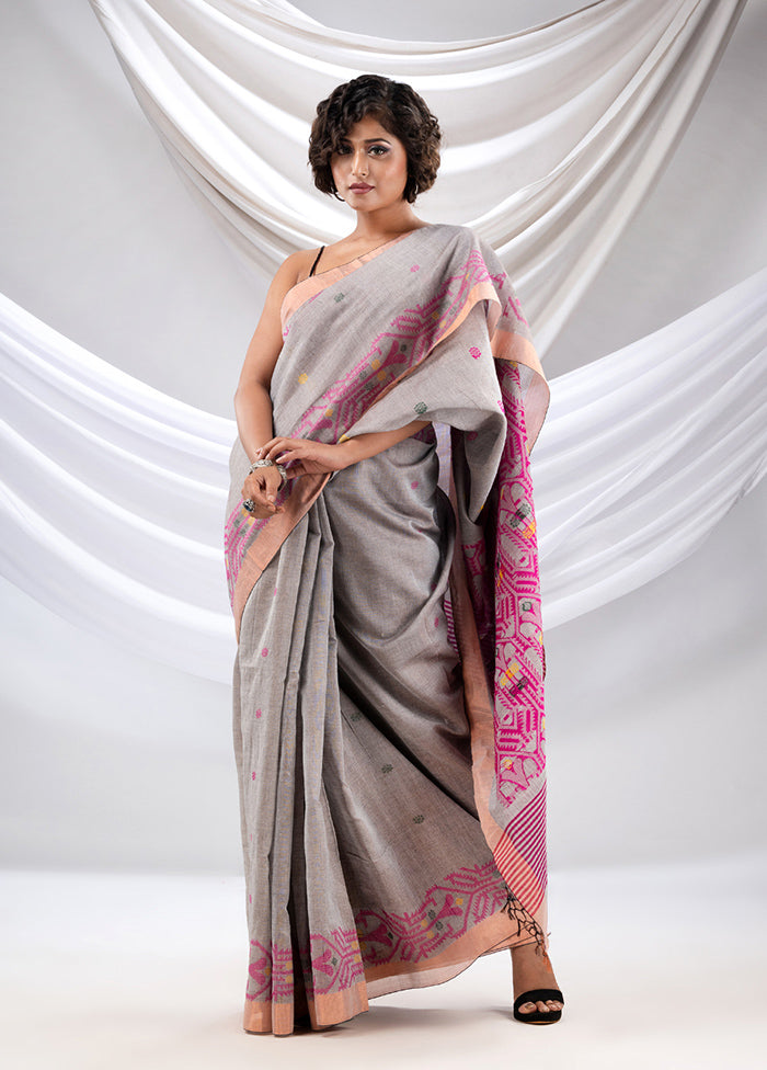 Grey Pure Cotton Saree With Blouse Piece - Indian Silk House Agencies